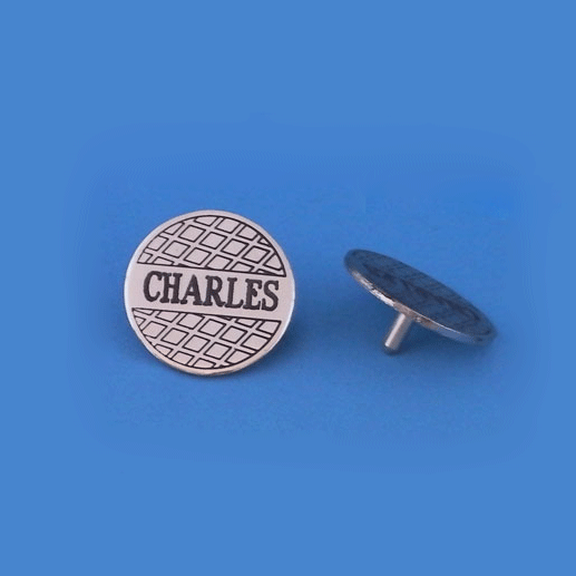 Personalized silver golf marker with a peg on bottom side